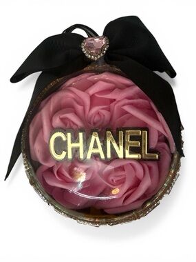 Luxury Pink Rose Ornament 4in Black Bow Gold Rhinestone Glam Chic Gift Decor
